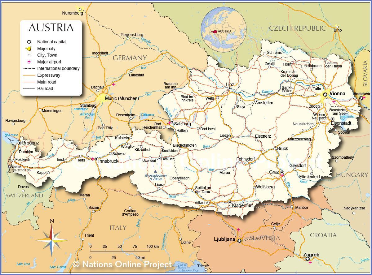 harta e austrisë, me qytetet dhe fshatrat
